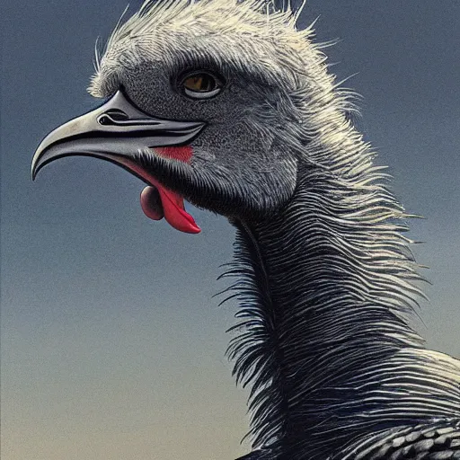 Prompt: feathery beak neck neck large bird ostrich assassin portrait donning a scuba suit exterior new york jonas de ro jihm mahfood francois schuiten ishbel myerscough foreground focus