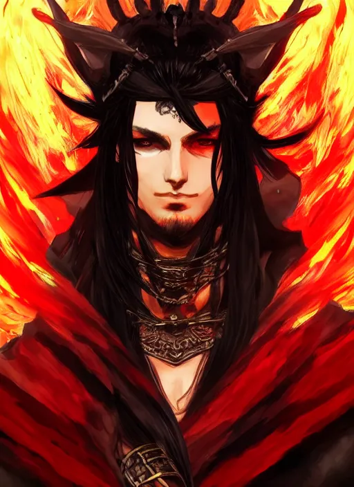 Image similar to Half body portrait of a handsome elf fire mage with long black hair wearing ornate scarlet robe, fire magic. In style of Yoji Shinkawa and Hyung-tae Kim, trending on ArtStation, dark fantasy, great composition, concept art, highly detailed, dynamic pose.