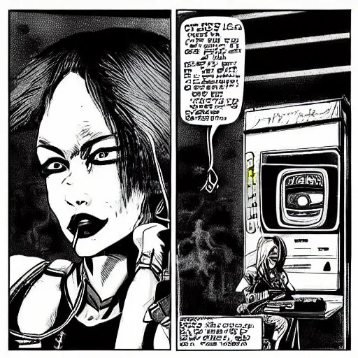 Image similar to “surreal cyberpunk comic book illustration of a punk sitting in booth smoking watching a 1970s tv with a beautiful female cyborg commander on the screen in dystopian dive bar, cybercore, fine detail”