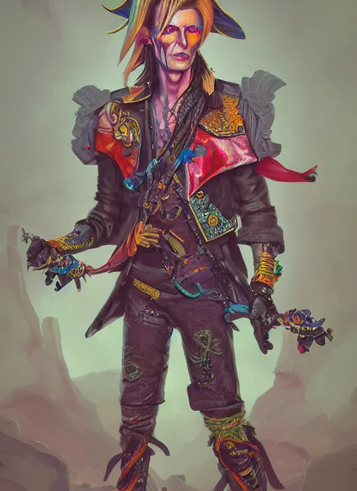 Prompt: detailed full body concept art illustration colorful pastel painting of a david bowie pirate in full intricate clothing, ultra detailed, digital art, octane render, 4K, dystopian, micro details