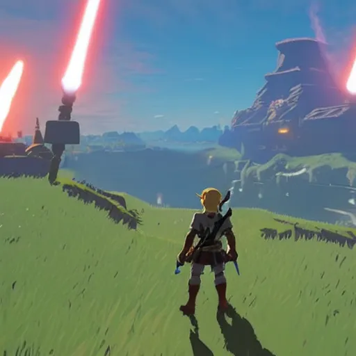 Prompt: a screencap of the legend of zelda breath of the wild, of darth vader in breath of the wild