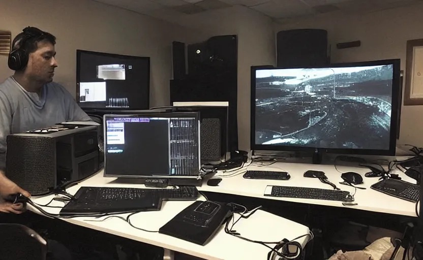 Prompt: “A room full of electronic equipment with wires and tv screens and audio meters and voltage meters. Man is sitting in front of a computer monitor and watching a bright explosion and fire and smoke coming out of the monitor. Dark, intricate, highly detailed, smooth, in style of Mike Savad”