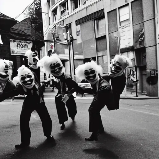 Image similar to gang of 1950s clowns protesting in the streets, shot on point and shoot camera