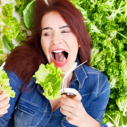 Prompt: Stock photo of woman eating salad with spork and laughing