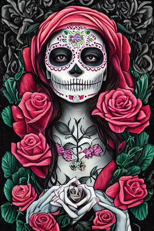 Prompt: Illustration of a sugar skull day of the dead girl, art by sean yoro