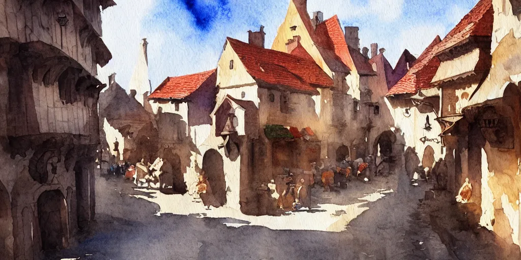 Prompt: medieval town, summer morning light, high quality watercolor painting, trending on artstation