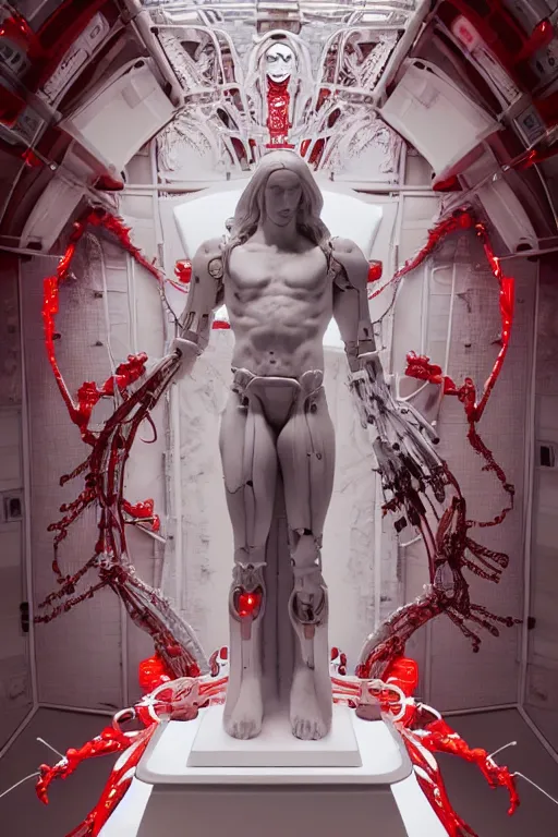 Image similar to white space station interior, white cross on background, a statue jesus on cross made of red marble, perfect symmetrical body, full body shot, inflateble shapes, wires, tubes, veins, jellyfish, white biomechanical details, wearing epic bionic cyborg implants, masterpiece, intricate, biopunk, vogue, highly detailed, artstation, concept art, cyberpunk, octane render