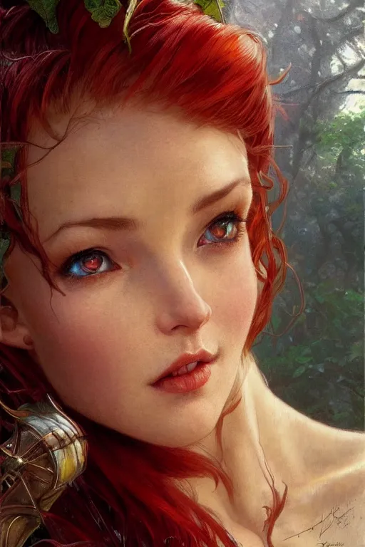 Image similar to alluring closeup portrait of beautiful elf girl with red hair, very detailed face and ears, realistic, tarot card, by Stanley Artgerm Lau, greg rutkowski, thomas kindkade, alphonse mucha, loish, norman rockwell J.