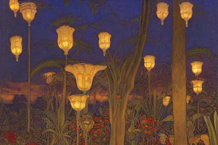 Image similar to beautiful garden at twilight by Annie Swynnerton and Nicholas Roerich and jean delville, glowing paper lanterns, strong dramatic cinematic lighting , ornate tiled architecture, lost civilizations, smooth, sharp focus, extremely detailed