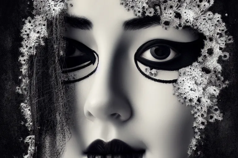 Prompt: portrait of a young beautiful woman with a mask. contemporary photograph, speed painting, fractal, mandelbulb. trending on artstation. black and white.