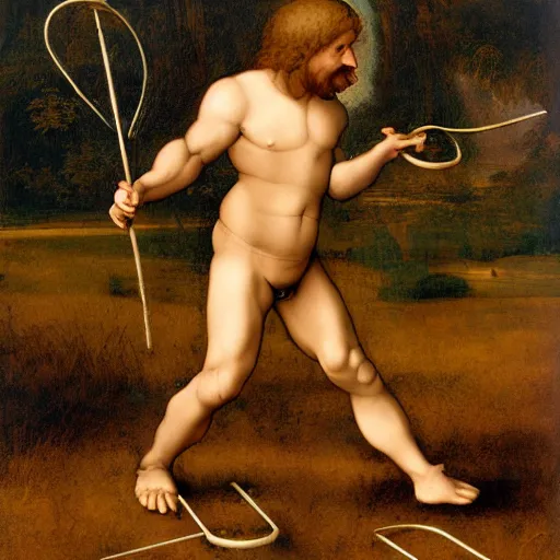 Image similar to dumb country boy playing horseshoes, biopunk, leonardo da vinci painting, high resolution,