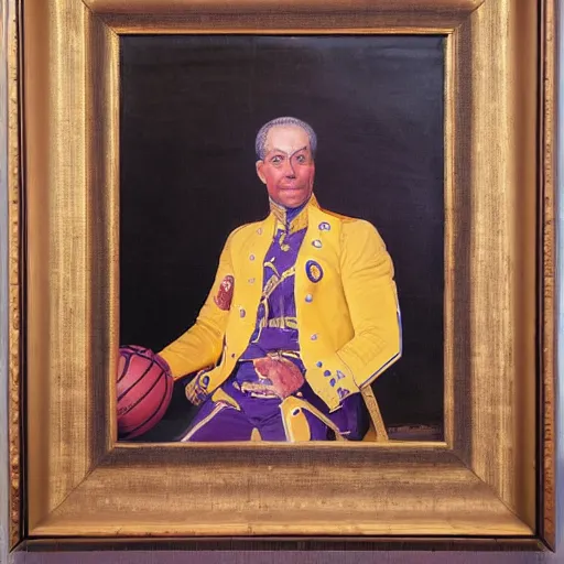 Image similar to official portrait of the los angeles lakers dictator, 1 7 8 0, in full lakers military garb. oil on canvas by william sidney mount, oil on canvas, octane render