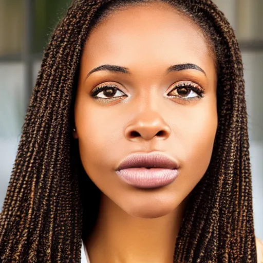 Image similar to a closeup portrait of a black woman with brown hair and brown eyes. Extremely clear and high quality eyes with reflection, realistic face and details, clear lips and high quality
