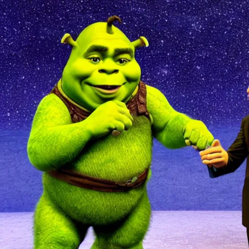 Image similar to Shrek dancing with Elon Musk, detailed