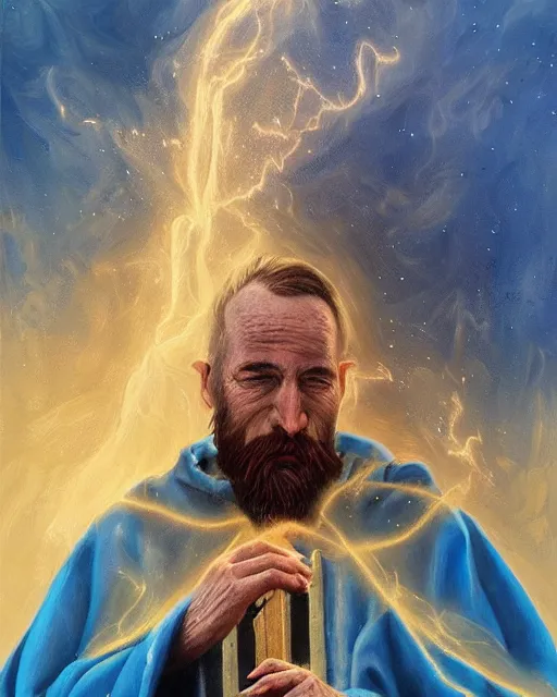 Image similar to Hyper realistic painting of a wizard in a blue robe, by Anato Finnstark, detailed, beautiful, trending on artstation