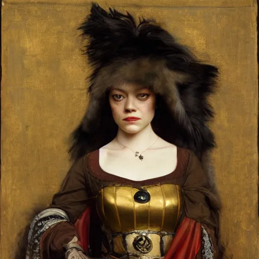 Image similar to emma stone as a bandit queen, goddes of the vampires by edgar maxence and caravaggio and michael whelan and delacroix