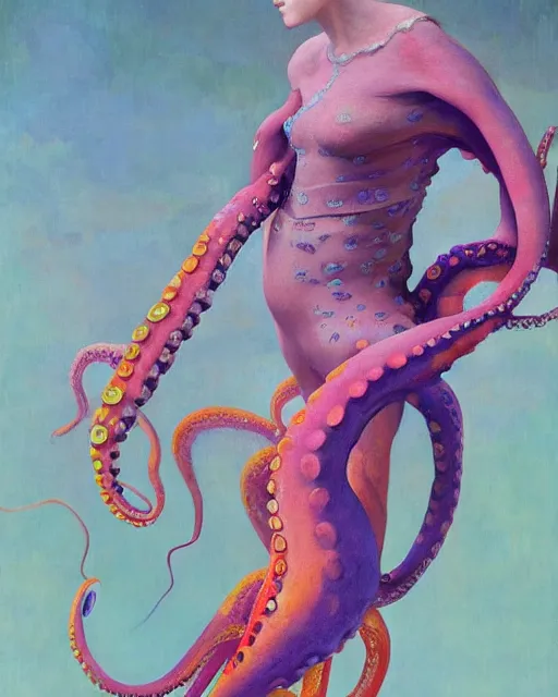 Prompt: a beautiful girl wearing a colourful octopus as a dress, painted by edgar maxence, edward hopper, wayne barlowe and james gilleard, airbrush, art by jamesjean