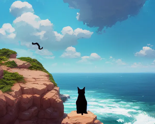 Prompt: A black cat sitting on a cliffside overlooking the beach. By Makoto Shinkai, Stanley Artgerm Lau, WLOP, Rossdraws, James Jean, Andrei Riabovitchev, Marc Simonetti, krenz cushart, Sakimichan, trending on ArtStation, digital art.