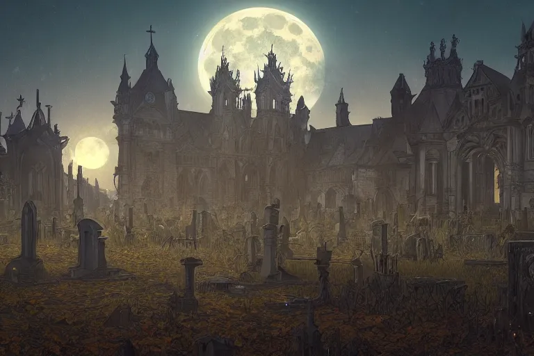 Prompt: an ultra detailed animation of a graveyard at midnight on halloween, digital art, dark fantasy, concept art, soulslike, by alphonse mucha, blood moon eclipse, ruined building in the background, artstation, 8 k, unreal engine render