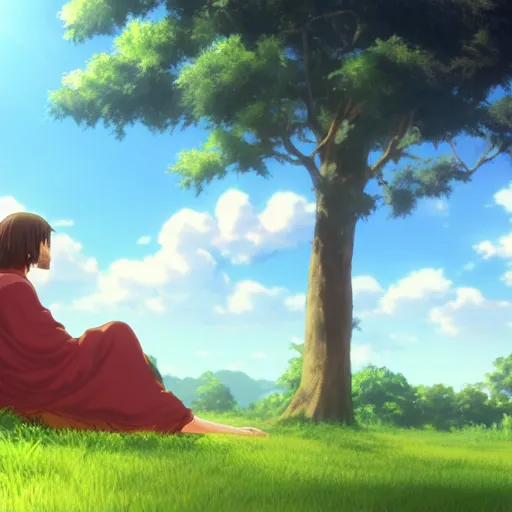 Prompt: photorealistic Jesus meets a beautiful smiling photorealistic Jesus sitting under a tree, anime key visual, digital art, anime screenshot, kyoto animation, makoto shinkai, trending on artstation