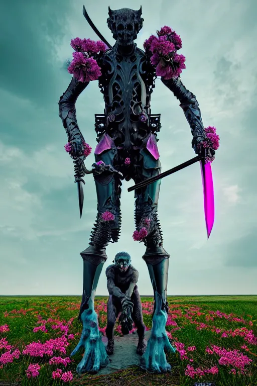 Prompt: hyperrealistic neo - gothic giant human gargoyle hybrid, exoskeleton armor, holding katana, field of pink flowers, highly detailed digital art masterpiece, vitaly bulgarov dramatic dark teal light, ground angle hd 8 k, sharp focus