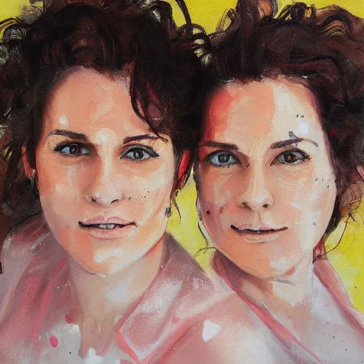 Image similar to a messy painting of twin sisters. Wendy and Susannah Melvoin. Trending on ArtStation