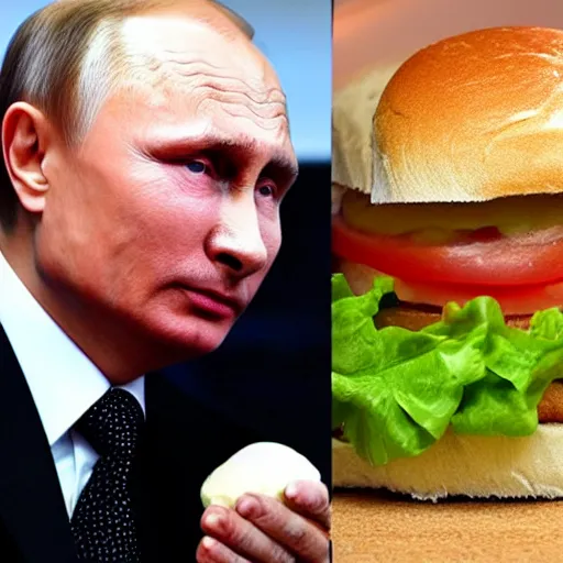 Image similar to Vladimir Putin, slathered in mayonnaise On a bed of lettuce and tomato between a bread bun