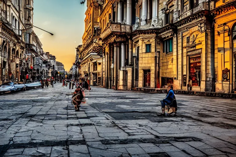 Image similar to urban photography of bucharest, award winning, sunset, streets, buildings, people, beautiful