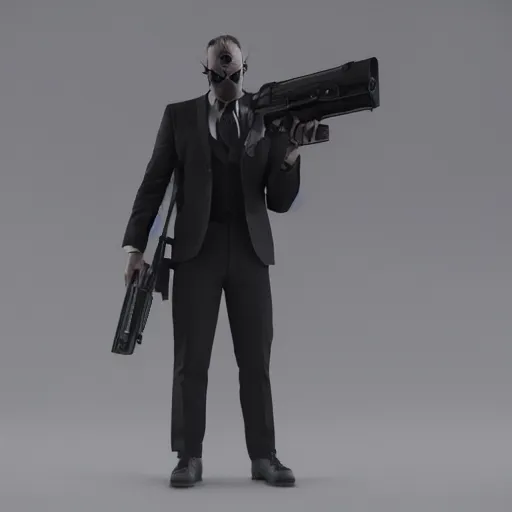 Image similar to butler with wolf face, dystopian, cinematic lighting, horror scene, big gun, black mask, octane render