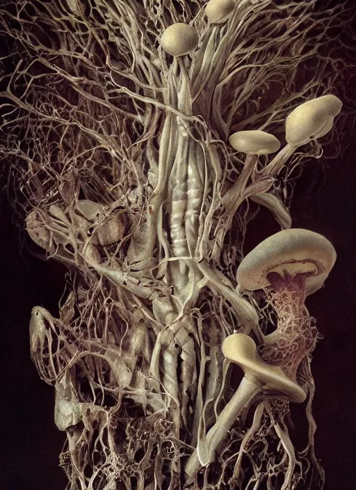 Image similar to magic mushroom with translucent skin, visible muscles and veins and arteries and bones and spines and nerves, beautiful detailed intricate insanely detailed octane render, 8k artistic photography, photorealistic, chiaroscuro, by David Cronenberg, Raphael, Caravaggio