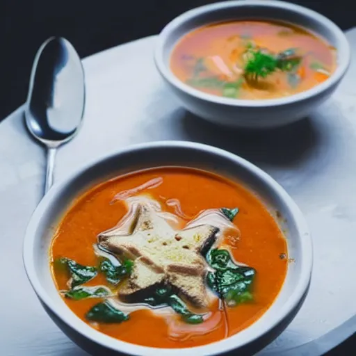 Image similar to a soup with teeth floating, food photography