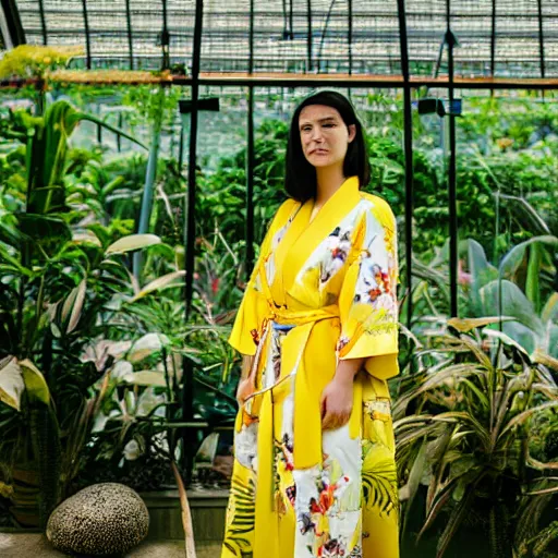 Image similar to medium photo portrait of a young european woman wearing a yellow kimono in a tropical greenhouse