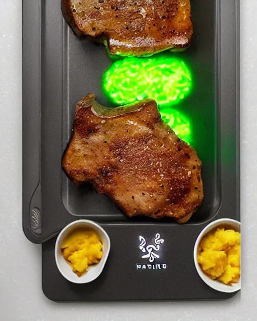 Prompt: green gamer LED porkchops and mashed potatos by razer, HD, trending on artstation, instagram post,