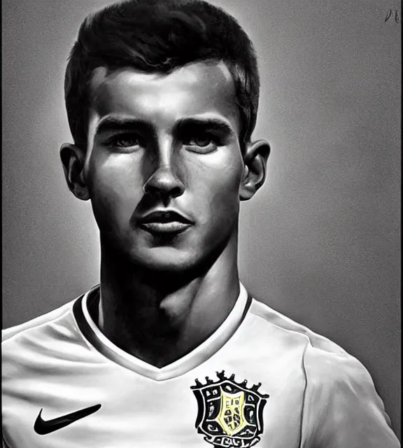 Prompt: portrait of a handsome young brazilian soccer player, art by denys tsiperko and bogdan rezunenko and franz xaver kosler, hyperrealism