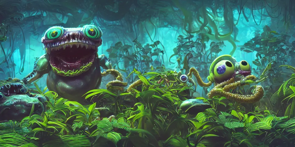 Prompt: of an intricate murky jungle with strange cute friendly marine creatures with huge eyes, long tongue, round teeth and funny face appearing from the plants, in the style of craola, macro lens, shallow depth of field, highly detailed, digital painting, trending artstation, concept art, illustration, cinematic lighting, vibrant colors, photorealism, epic, octane render