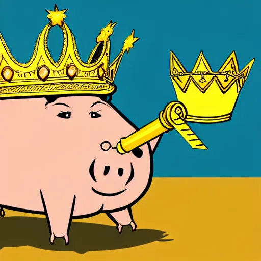 Prompt: standing pig wearing a gold crown on it's head illustration concept art in the style of Arthur Adams, full body 8k