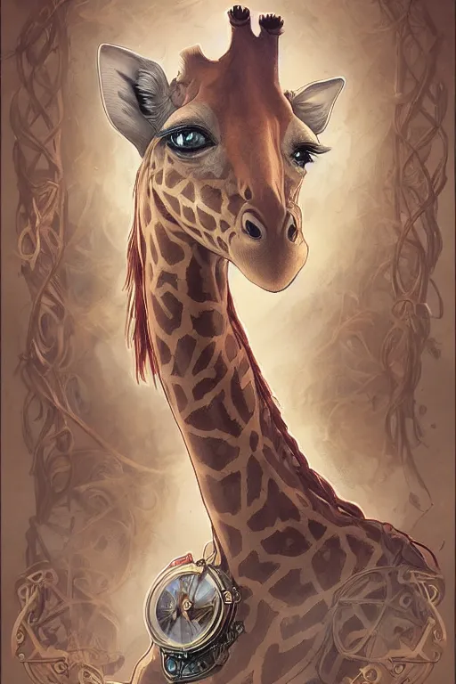 Image similar to anthropomorphic giraffe as steampunk princess, blonde hair, high fantasy, dnd, smooth, sharp focus, illustration, highly detailed, digital painting, artstation, concept art, by disney animation, rossdraws, alphonse mucha, frank fanzzeta, collectible card art