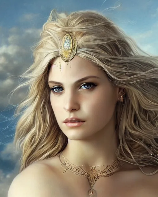 Image similar to pencil drawing of beautiful greek goddess aphrodite with arrowhead jewelry, beautiful piercing eyes, beautiful blonde hair flying in the wind, hyper realistic face, in the style of greg rutkowski, fantasy, amazing detail, epic, elegant, smooth, sharp focus, from the front