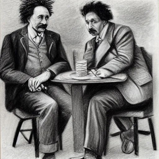 Image similar to Einstein and Newton sitting at cafe, pencil drawing, ultra detailed