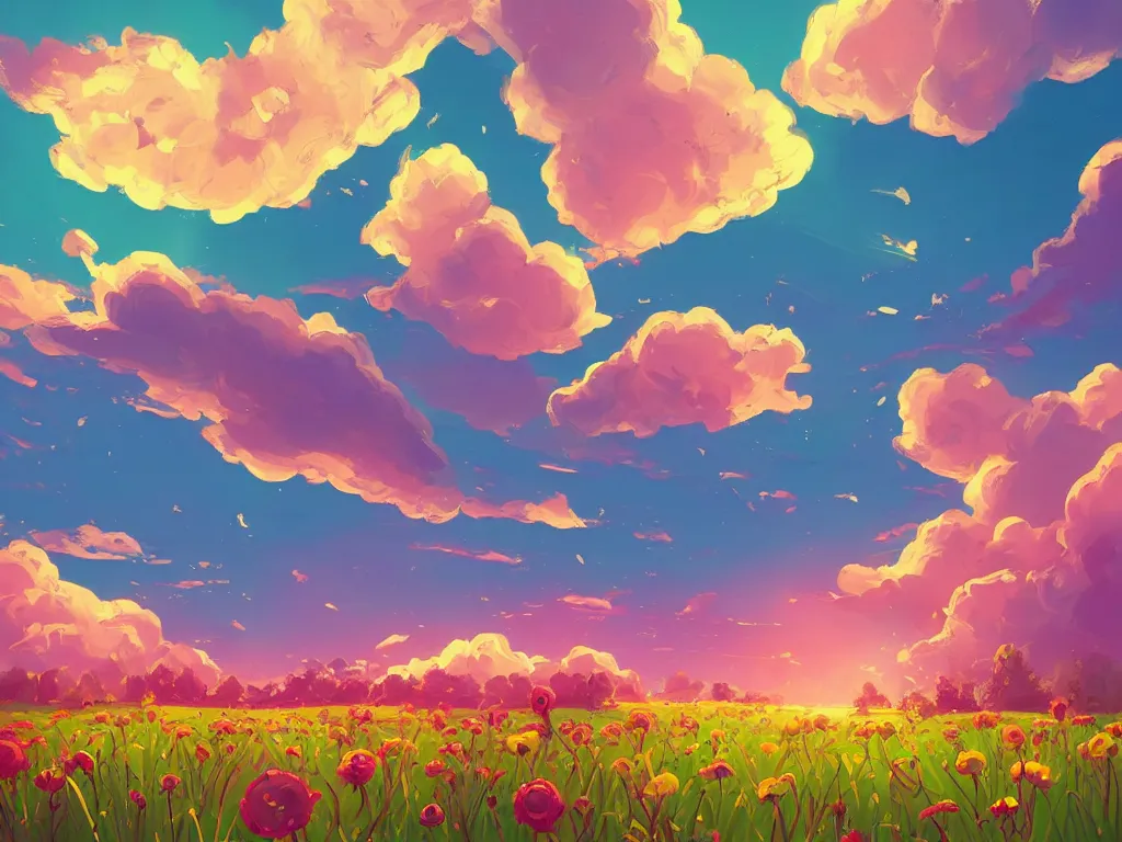 Prompt: green lush Field with beautiful flowers, aesthetic, calming, pink and yellow clouds in the sky, brightly illuminated by rays of sun, Clouds backlit by the sun, sunset ,artstation, colorful sylvain sarrailh illustration, by peter chan, day of the tentacle style