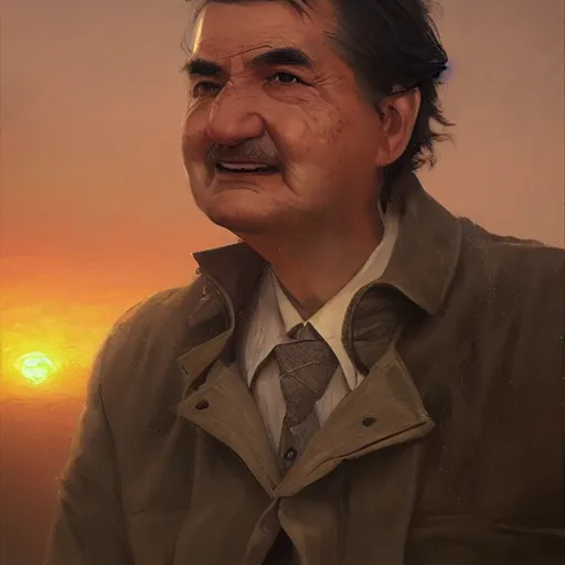 Prompt: a classical portrait of a young jose mujica, dramatic light, city background, sunset, high detail, sharp, painted by greg rutkowski, painted by igor kieryluk, painted by bobby chiu, digital art, trending on artstation