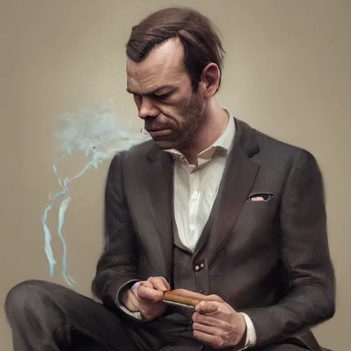 Young Hugo Weaving in a suit smoking a cigar with a
