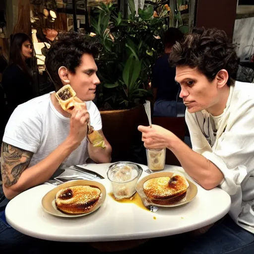 Image similar to john mayer eating a creme brulee with bananas