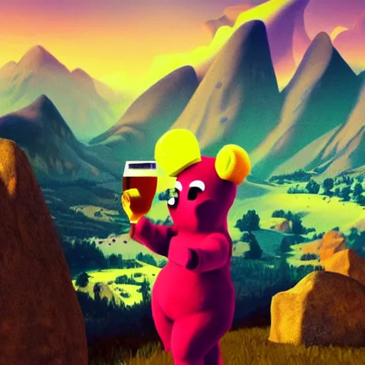 Prompt: A teletubby at the top of a mountain, scenic view, holding a beer!!, digital art, gta 5 cover art, trending on artstation