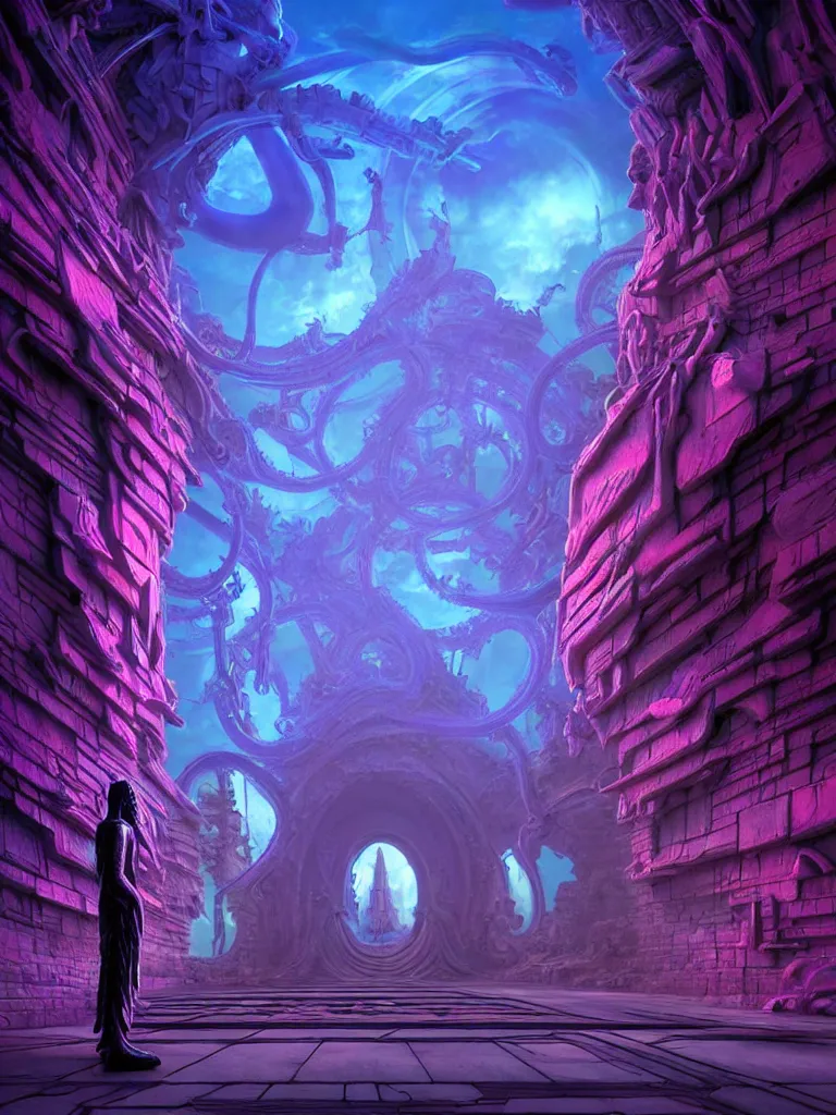 Image similar to entrance to ethereal realm, vishnu waiting, rendered in unreal engine, central composition, symmetrical composition, dreamy colorful cyberpunk colors, 6 point perspective, fantasy landscape with anthropomorphic!!! terrain!!! in the styles of igor morski, jim warren, and rob gonsalves, intricate, hyperrealistic, volumetric lighting, neon ambiance, distinct horizon