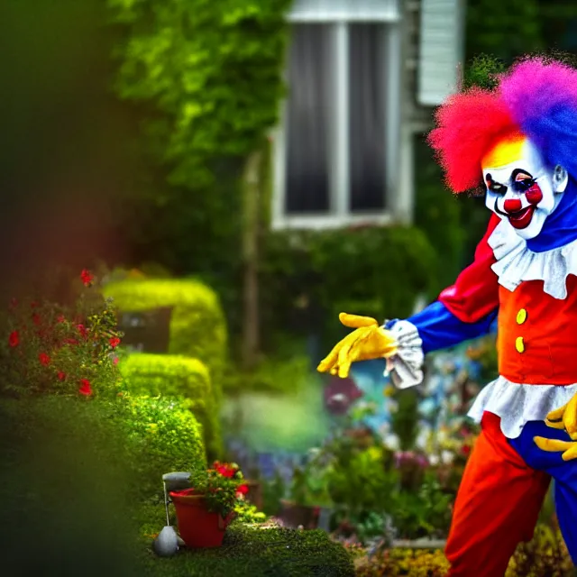 Image similar to looking at a scary clown in the garden from the window, highly detailed, 8 k, hdr, smooth, sharp focus, high resolution, award - winning photo