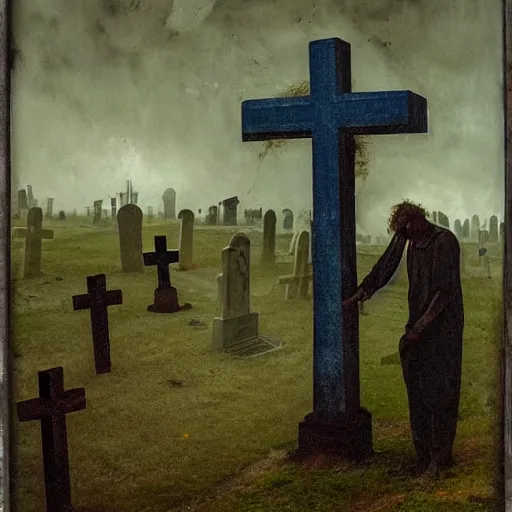 Image similar to one man in a cemetery, with a cross behind him, digging up a dead body, by nicola samori, painting, 8 k, high detail, blue, orange, and dark green tones, high quality, sad feeling, high detail, dark colors, sinister atmosphere, dramatic lighting, cinematic, establishing shot, extremely high detail, photo realistic, cinematic lighting