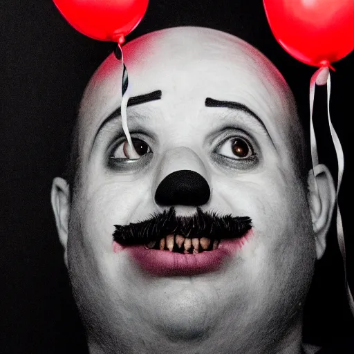 Image similar to a vintage studio portrait of a sad clown with balloons behind him, black background, chiaroscuro lighting, close up portrait, shallow depth of field, 8 0 mm, f 1. 8