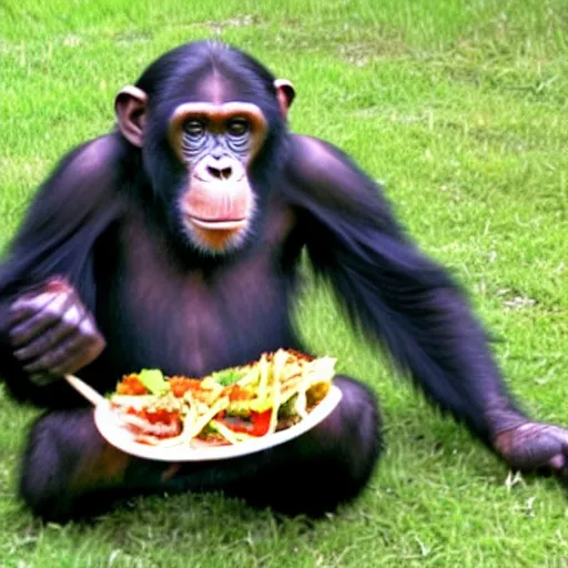 Image similar to 2 4 0 p footage, 2 0 0 6 youtube video, low quality photo, chimpanzee getting taco