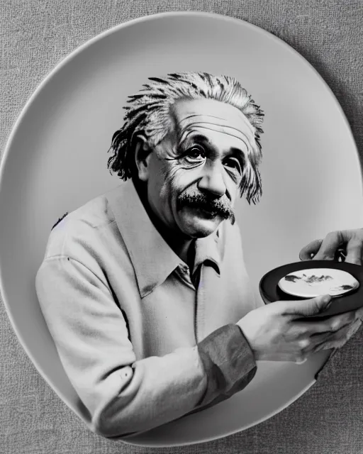 Image similar to a portrait of albert einstein sitting at the dining table with a plate containing kerala parotta in front of him, highly detailed, trending on artstation, bokeh, 9 0 mm, f / 1. 4